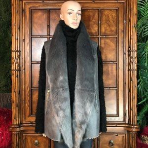 NWOT IMAN Silver Mist Shimmer Faux Suede Faux Fur Vest